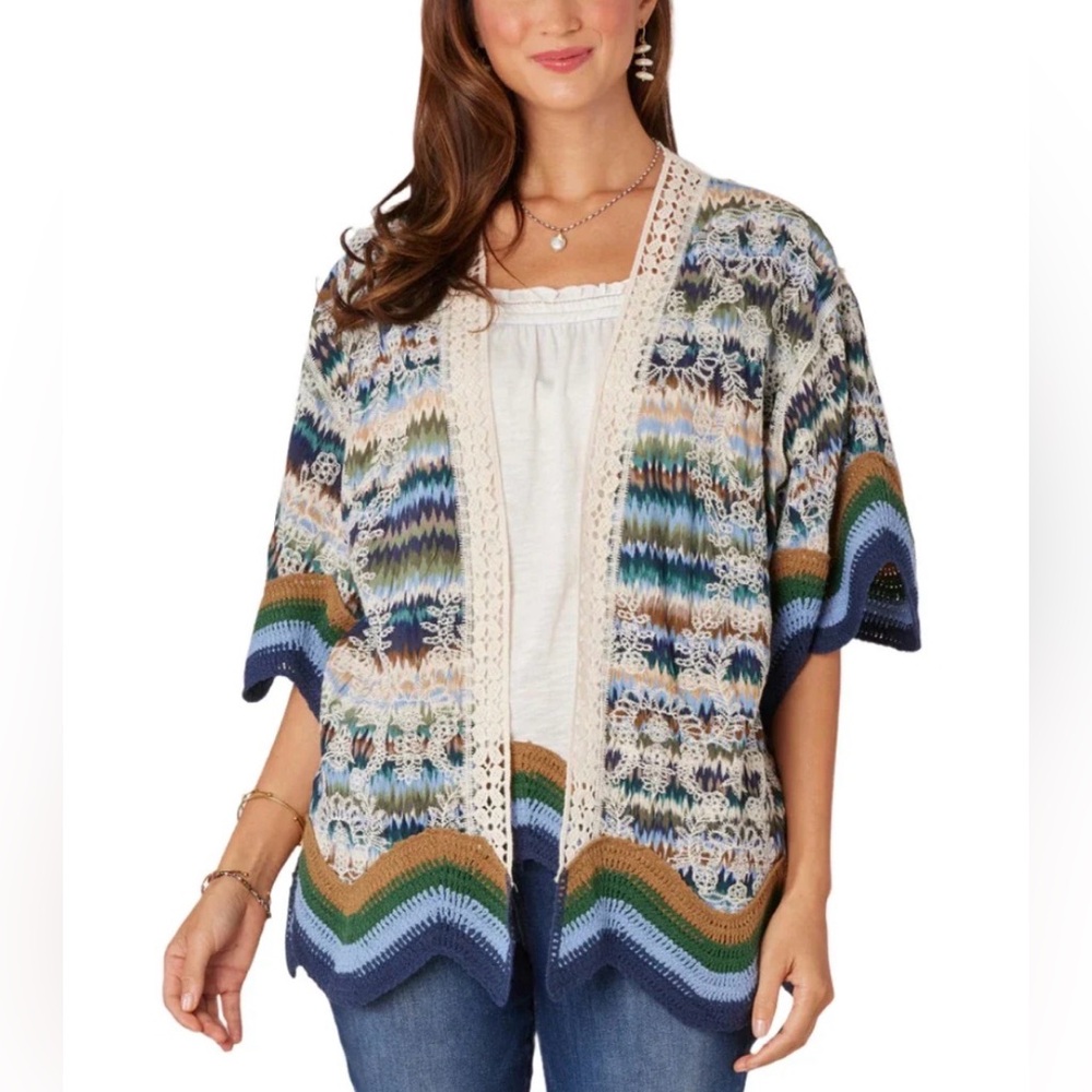 Democracy Boho Crochet  Bell Sleeve Duster Kimono Size 2X